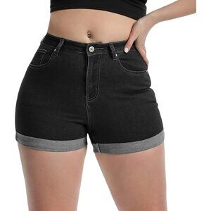Grey High Waisted Summer Elastic Folded Hot Denim Hem Shorts for Women